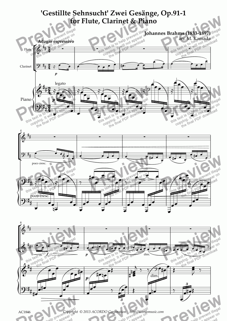 page one of ’Gestillte Sehnsucht’ Zwei Gesänge, Op.91-1  for Flute, Clarinet & Piano