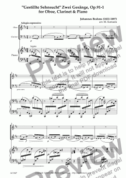 page one of 'Gestillte Sehnsucht' Zwei Gesänge, Op.91-1  for Oboe, Clarinet & Piano