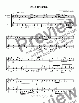page one of Rule, Britannia! for clarinet in Bb and easy guitar (G Major)