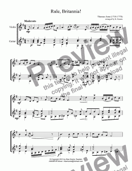 page one of Rule, Britannia! for violin and easy guitar (G Major)