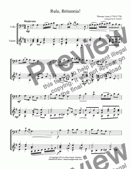 page one of Rule, Britannia! for cello and easy guitar (G Major)