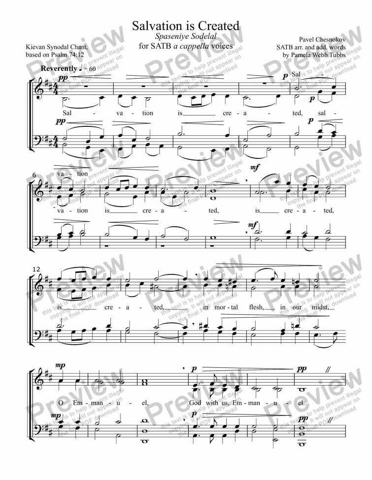 page one of Salvation is Created (CHESNOKOV - transliterated Tschesnokoff, Tchesnokov, Tchesnokoff, Chesnokoff) Advent or General anthem for SATB a cappella choir, arr. by Pamela Webb Tubbs