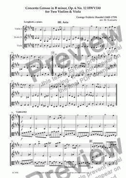 page one of Aria from Concerto Grosso, Op.6-12 HWV330 for Two Violins & Viola