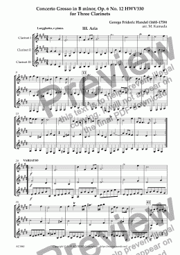 page one of Aria from Concerto Grosso, Op.6-12 HWV330 for Three Clarinets