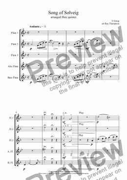 page one of Song of Solveig: Peer Gynt Suite no 2 (Solvejgs Lied/Solvejgs Sang/Chanson de Solvejg)  (Flute Quintet) 