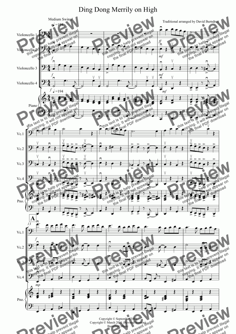 page one of Ding Dong Merrily on High (Jazzy Style!) for Cello Quartet