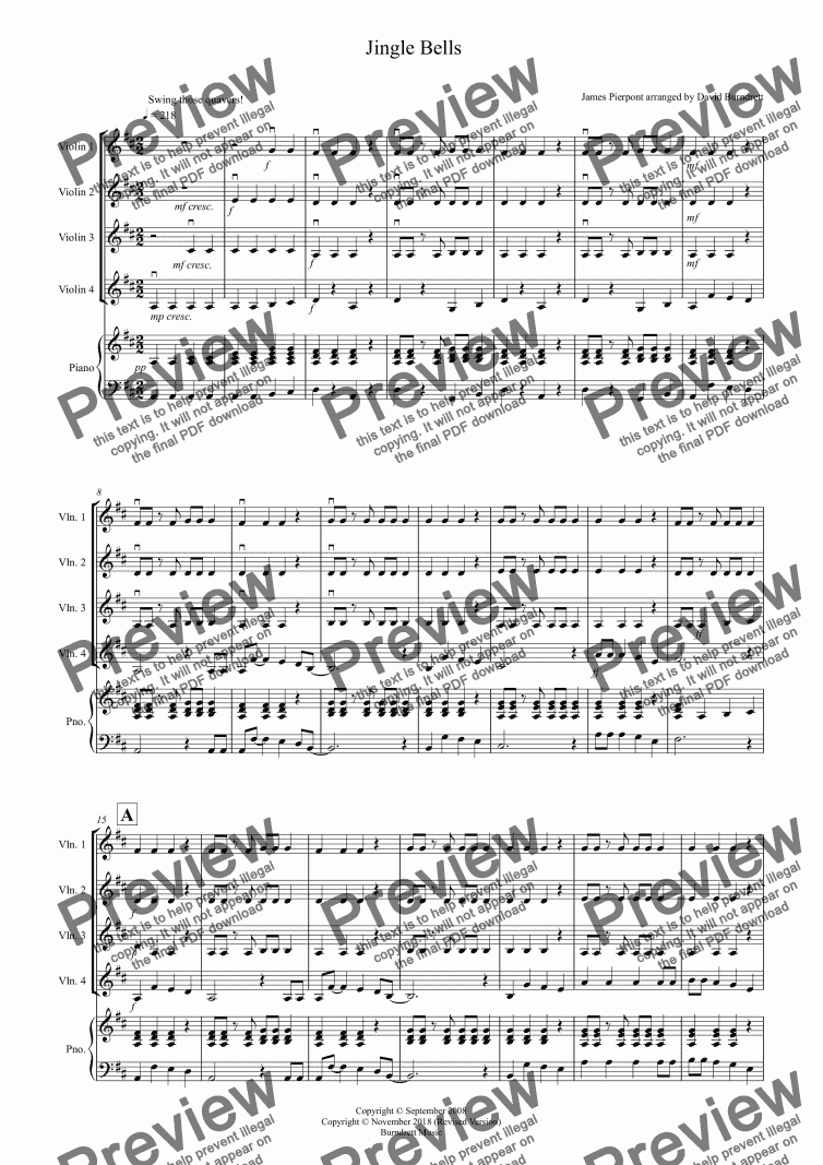page one of Jingle Bells (Jazzy Style!) for Violin Quartet