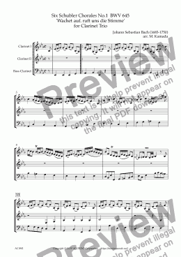 page one of Six Schubler Chorales No.1  BWV 645 ’Wachet auf. ruft uns die Stimme’ for Clarinet Trio