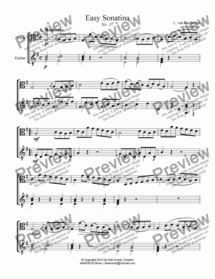 page one of Easy Sonatina No. 37 viola and guitar