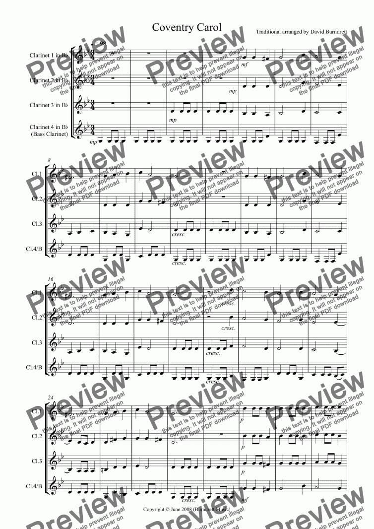page one of Coventry Carol for Clarinet Quartet
