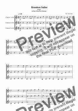 page one of Drunken Sailor. Clarinet Trio