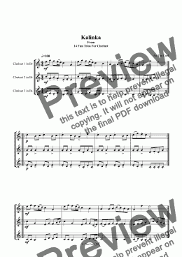 page one of Kalinka. Clarinet Trio