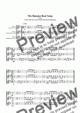 page one of The Banana Boat Song. Trio Cornet, Tenor Horn And Euphomium