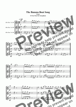 page one of The Banana Boat Song. Saxophone Trio