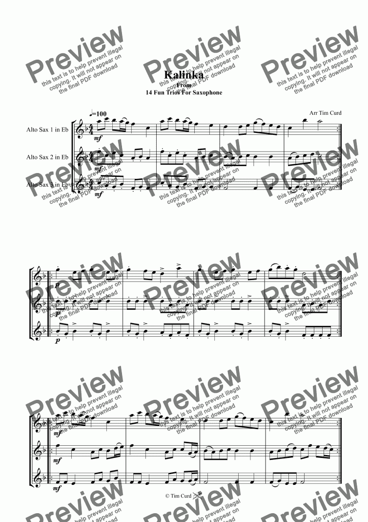 page one of Kalinka. Saxophone Trio