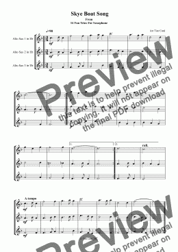 page one of Skye Boat Song. Saxophone Trio