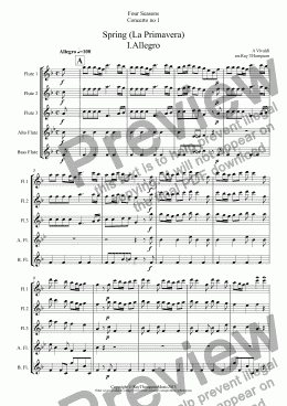 page one of Four Seasons:Spring (La Primavera) Complete:Mvt I "Arrival of Spring" Mvt II "The Goatherd sleeps" Mvt III "Nymphs and Shepherds Dance") (Flute Quintet:3 fl.,alto fl.,bass fl.)