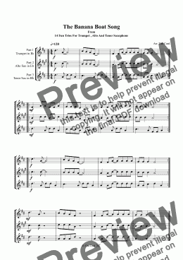page one of The Banana Boat Song. Trio For Trumpet, Alto And Tenor Saxophone