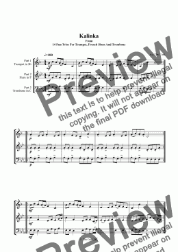 page one of Kalinka. Trio For Trumpet, French Horn And Trombone