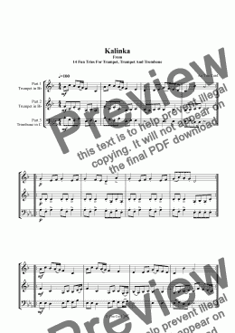 page one of Kalinka. Trio For Trumpet, Trumpet and Trombone