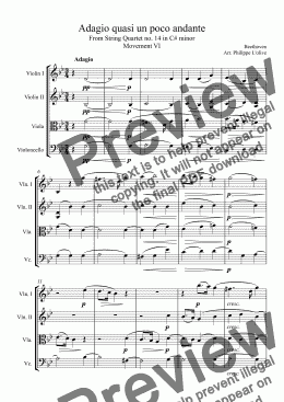 page one of Adagio quasi un poco andante from sting quartet no. 14 in C# minor, Op. 131