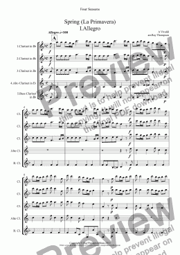 page one of Four Seasons: A Suite of 4 Movements (easier and abridged):Spring Mvt.I (’Arrival of Spring"), Winter Mvt.II ("Peaceful Days in front of the Fire"), Autumn Mvts.I ("Peasant’s Dance" & III (’The Hunt")(Clarinet Quintet)