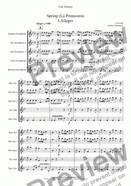 page one of Four Seasons: A Suite of 4 Movements (easier and abridged):Spring Mvt.I (’Arrival of Spring"), Winter Mvt.II ("Peaceful Days in front of the Fire"), Autumn Mvts.I ("Peasant’s Dance" & III (’The Hunt")(Saxophone Quintet)(SAATB)