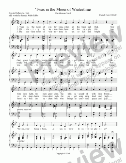 page one of Twas in the Moon of Wintertime (Traditional FRENCH-CANADIAN) or "The Huron Carol," Christmas hymn for unison voices (congregation) with piano accompaniment, arr. by Pamela Webb Tubbs