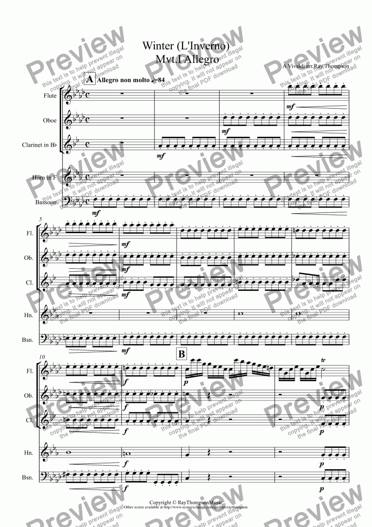 page one of Four Seasons:Winter (L’Inverno) Mvt.I Allegro ("Frozen mid the frosty snow......teeth chattering in the bitter chill")(Wind Quintet)