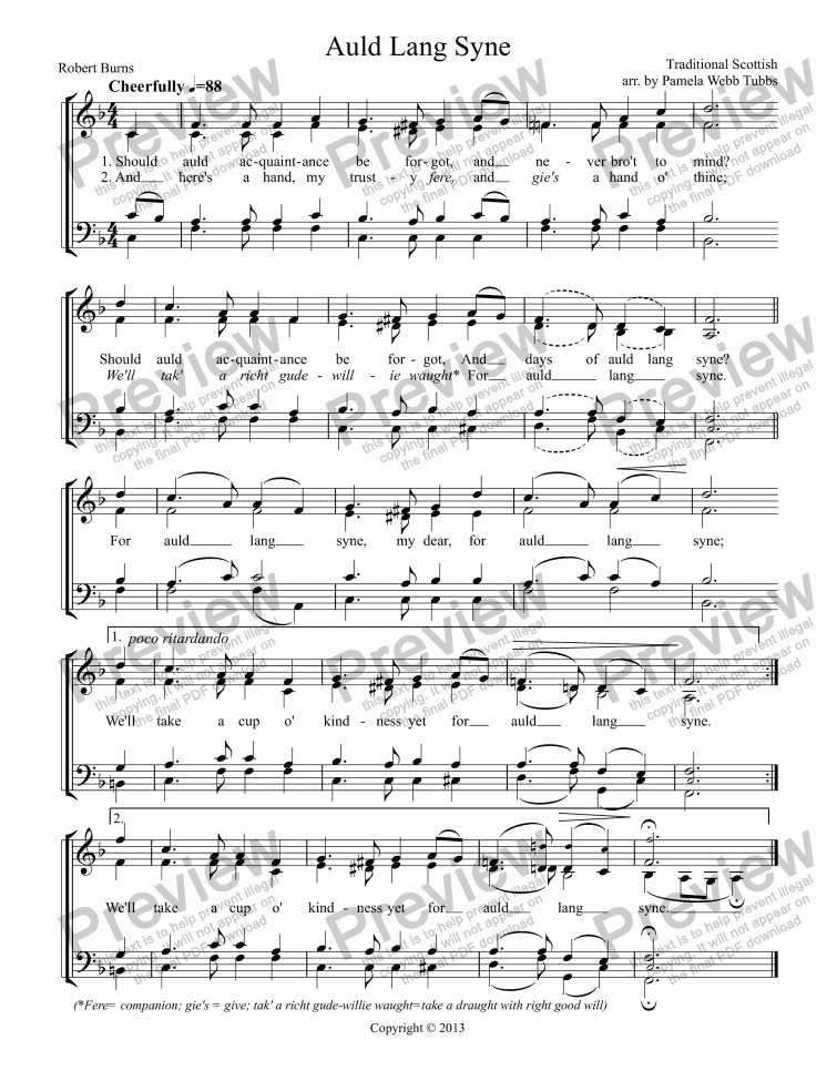 page one of Auld Lang Syne (Trad SCOTTISH) New Year’s choral Anthem for SATB voices, a cappella, arr. by Pamela Webb Tubbs