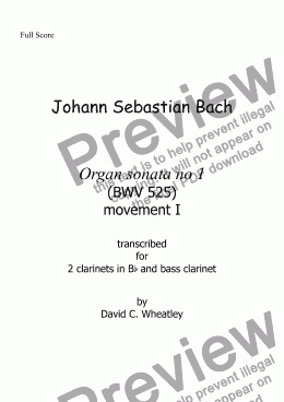 page one of Bach - trio sonata BWV 525 mvt 1 transcribed for clarinet trio (2xBb + bass) by David Wheatley