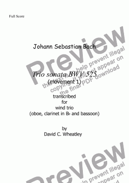 page one of Bach - trio sonata BWV 525 mvt 1 transcribed for wind trio (ob+BbCl+bsn) by David Wheatley