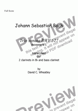 page one of Bach - trio sonata BWV 527 mvt 1 transcribed for clarinet trio (2xBb+bass) by David Wheatley