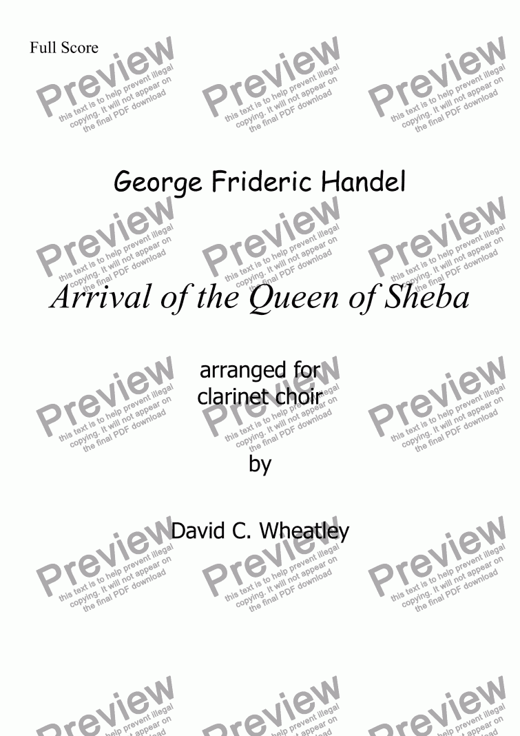page one of Handel - Arrival of the Queen of Sheba for clarinet choir