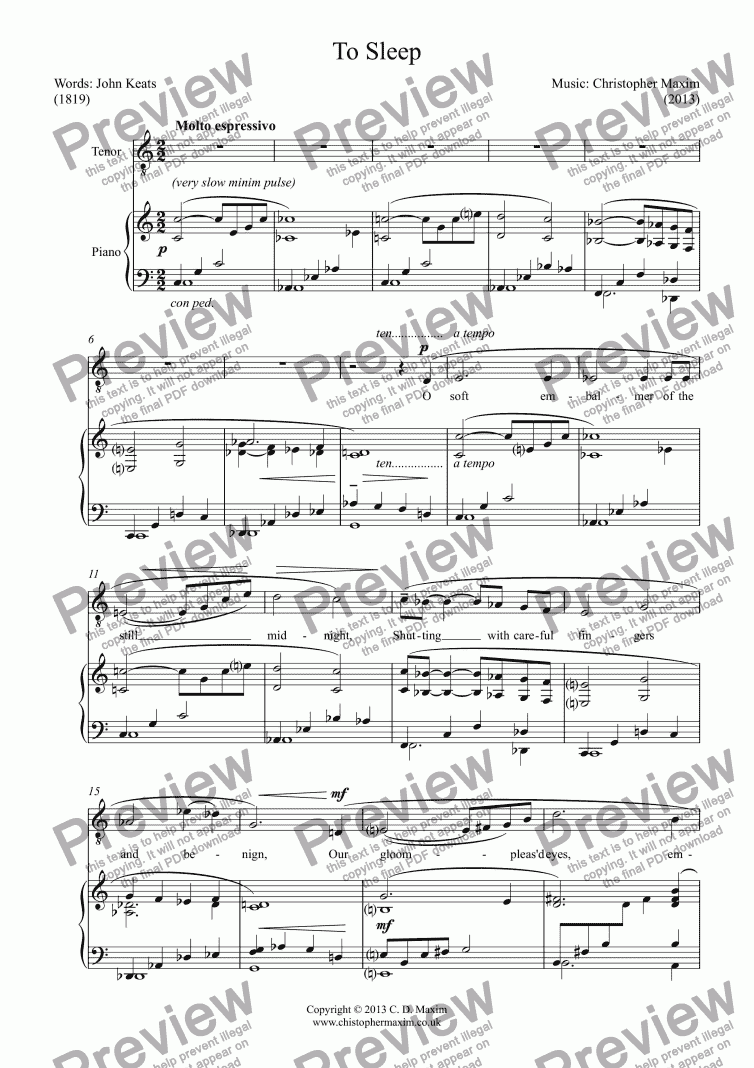 page one of To Sleep (Song for Tenor and Piano)