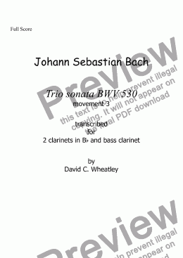 page one of Bach - trio sonata BWV 530 mvt 3 transcribed for clarinet trio (2xBb+bass) by David Wheatley
