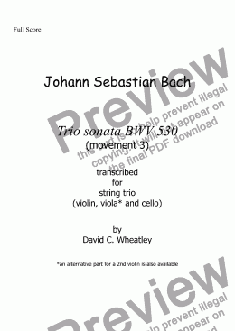 page one of Bach - trio sonata BWV 530 mvt 3 transcribed for string trio (vln+vla+cello) by David Wheatley