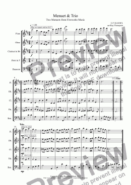 page one of Wedding Music for Wind Quintet: Royal Fireworks (music for the) (Feuerwerksmusik): Menuet & Trio: wedding processional