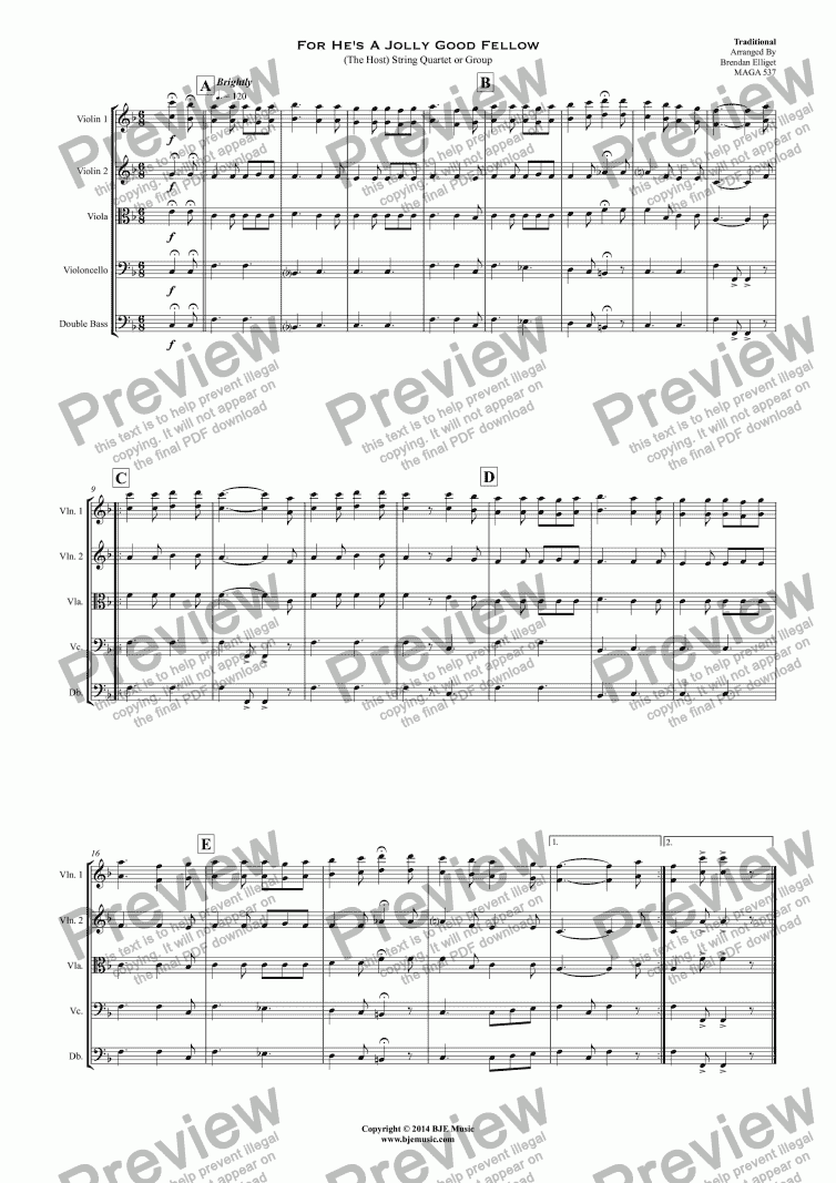 page one of For He’s A Jolly Good Fellow (The Host) String Quartet or Group