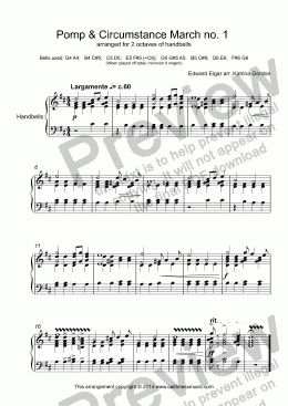 page one of Pomp & Circumstance March no. 1  arranged for 2 octaves of handbells