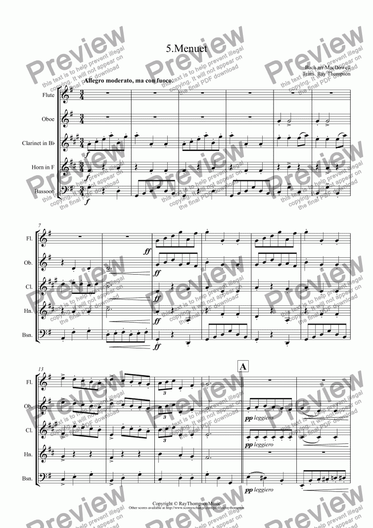 page one of Bach arr. MacDowell: 6 Little Pieces (after sketches of J.S.Bach): 5.Menuet (in G) (Anna Magdalena Notebook)