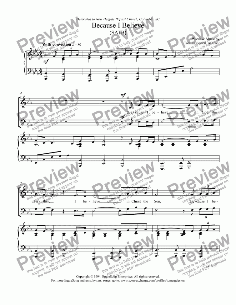 page one of Because I Believe (SATB)