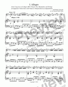 page one of Allegro 1 (VIVALDI) from Mandolin Concerto in G Major [RV 532] for Solo Violin with Harpsichord (or piano) accompaniment, arr. by Pamela Webb Tubbs