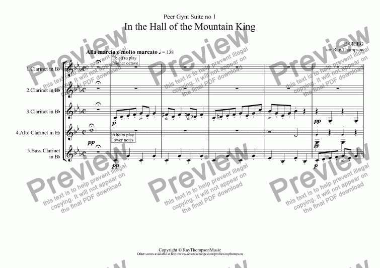 page one of Peer Gynt Suite No.1 Op.46: 4.In the Hall of the Mountain King (Clarinet quintet:3 cl, alto cl,bs cl)