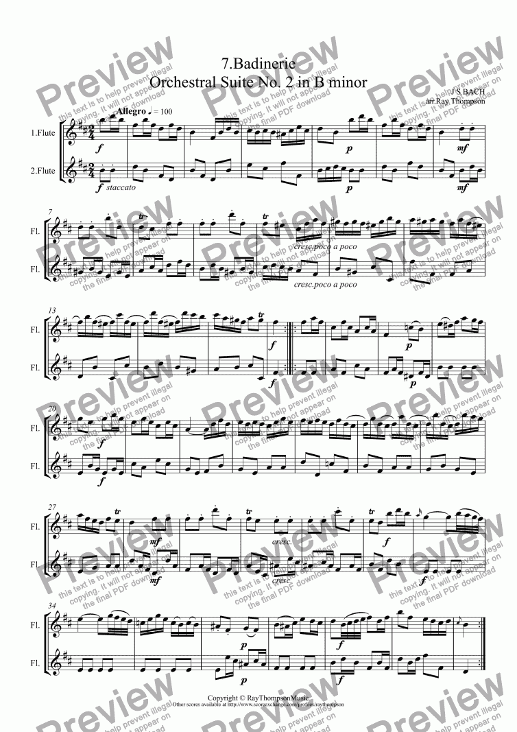 page one of Bach:Orchestral Suite No.2 in B minor BWV1067: 7.Badinerie (Flute Duet)