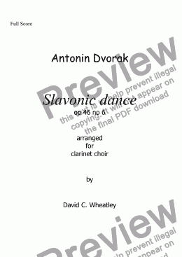 page one of Dvorak - Slavonic dance op 46 no 6 for clarinet choir transcribed by David Wheatley