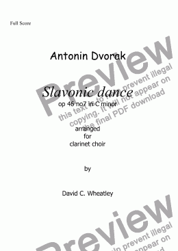 page one of Dvorak - Slavonic dance op 46 no 7 for clarinet choir transcribed by David Wheatley