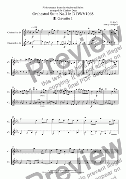 page one of Bach: 5 Movements from Orchestral Suites Nos.2 & 3: Suite no.3 (D major): Gavotte I,Gavotte II & Bourée - Suite No.2 (B minor): Menuet & Badinerie (clarinet duet)