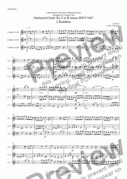 page one of Bach: 6 Movements from Orchestral Suites Nos.2 & 3:  Suite No.2 (B minor): Rondeau, Menuet & Badinerie - Suite no.3 (D major): Gavotte I,Gavotte II & Bourée  (clarinet trio)
