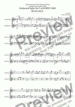 page one of Bach: 5 Movements from Orchestral Suites Nos.2 & 3: Suite No.3: Gavotte I,Gavotte II & Bourée - Suite No.2: Menuet & Badinerie (Saxophone Duet)